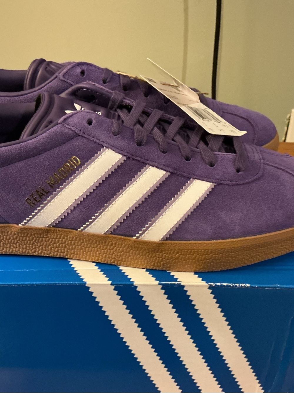adidas Men’s Purple Suede Sneakers with White Stripes JS3041 Madrid indoor shoe. - Picture 2 of 9